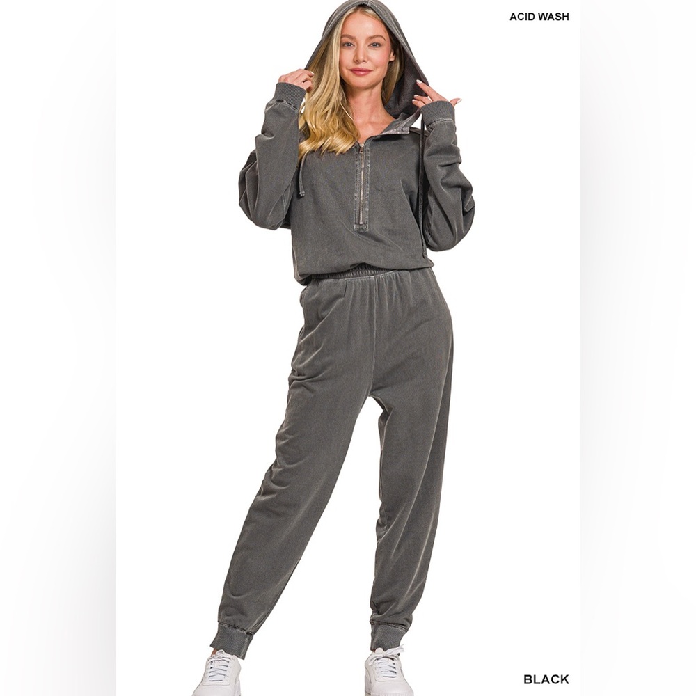 NEW Zenana Ash Black French Terry Cotton Hooded Jogger Jumpsuit Size Medium